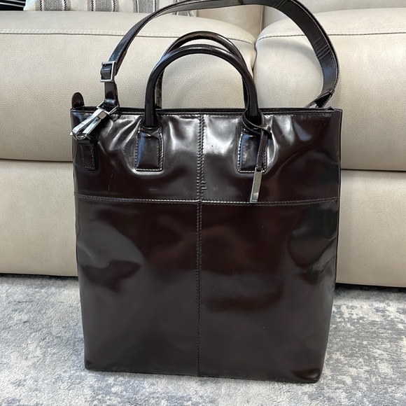 Vintage Gucci Dark Brown Patent Leather Structured Handbag 2 Way Glossy - Picture 1 of 17